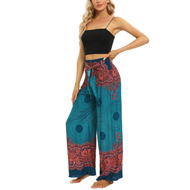 Nimara Ritual Bohemian Compass Flower Print Lace-up Wide Leg Pants Women's Yoga Pants