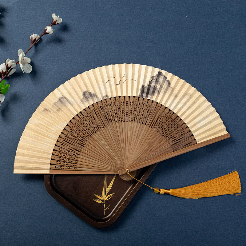 Nimara Ritual Lotus Dragonfly Wild Geese Plum Blossom Handheld Silk Bamboo Folding Fan 22.5cm