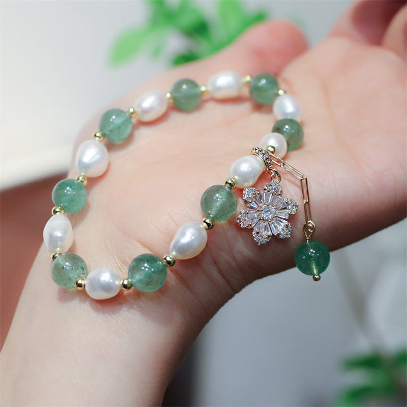 Nimara Ritual Natural Green Strawberry Quartz Pearl Flower Charm Love Bracelet