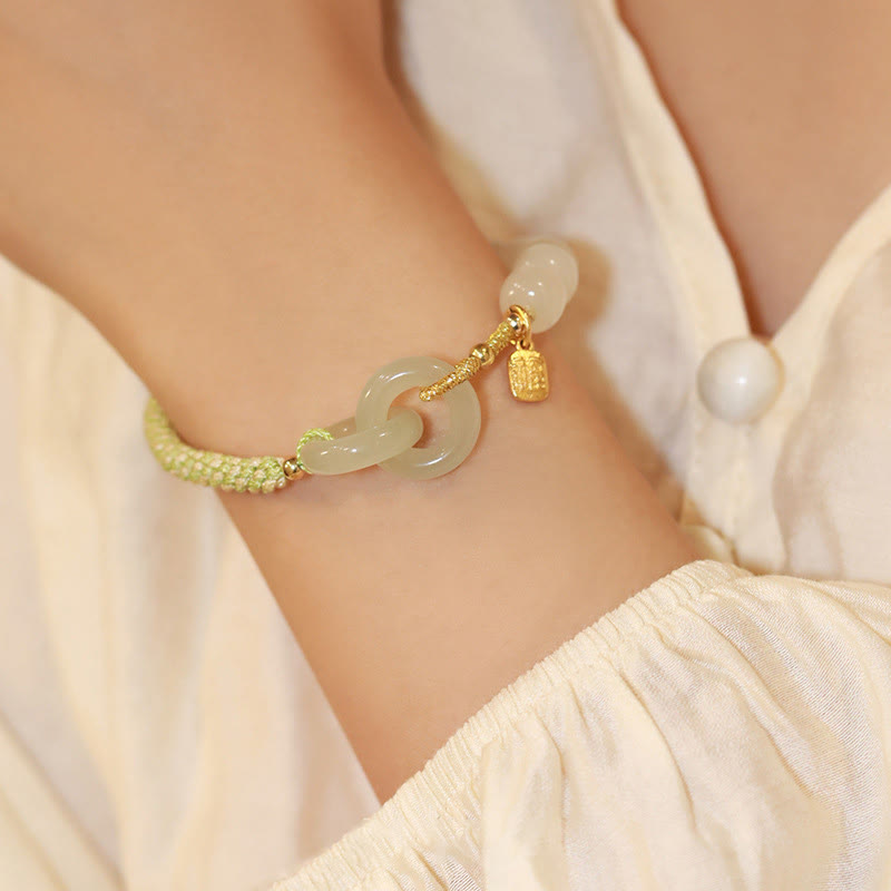 Nimara Ritual Natural Hetian Jade Bead Double Peace Buckle Fu Character Abundance Braided Bracelet