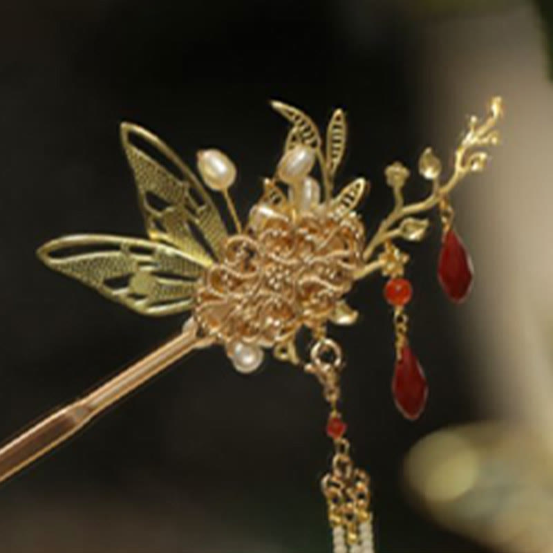 Nimara Ritual Classical Chinese Style Flower Branche Butterfly Pearl Tassel Hair Clip Hair Comb Hair Crown