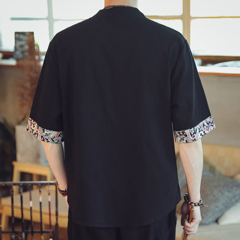 Nimara Ritual Frog-Button Dragon Embroidery Chinese Tang Suit Short Sleeve Shirt Men Clothing