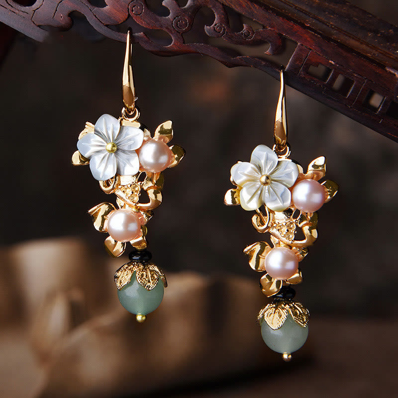 Nimara Ritual 14K Gold Plated Tridacna Stone Flower Pearl Green Aventurine Bead Drop Earrings