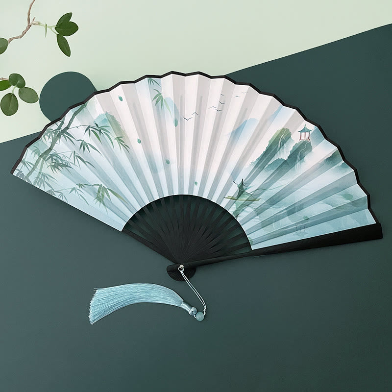 Nimara Ritual Retro Lotus Flower Leaf Mountain Lake Handheld Folding Fan With Bamboo Frames