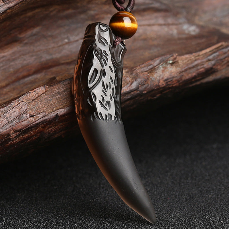 Nimara Ritual Natural Ice Obsidian Wolf Tooth Pattern Courage Necklace Pendant