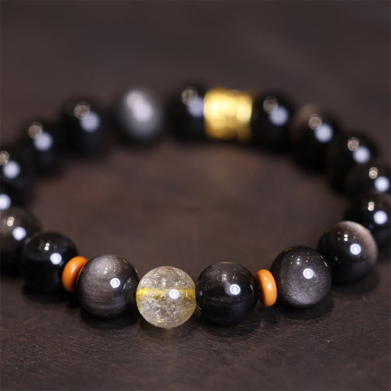 Nimara Ritual Natural Silver Sheen Obsidian Crystal Om Mani Padme Hum Bead Protection Bracelet