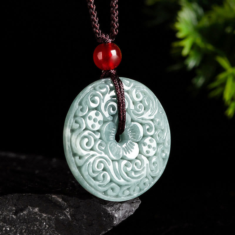 Nimara Ritual Green Jade Flower Carved Peace Buckle Abundance Necklace Pendant