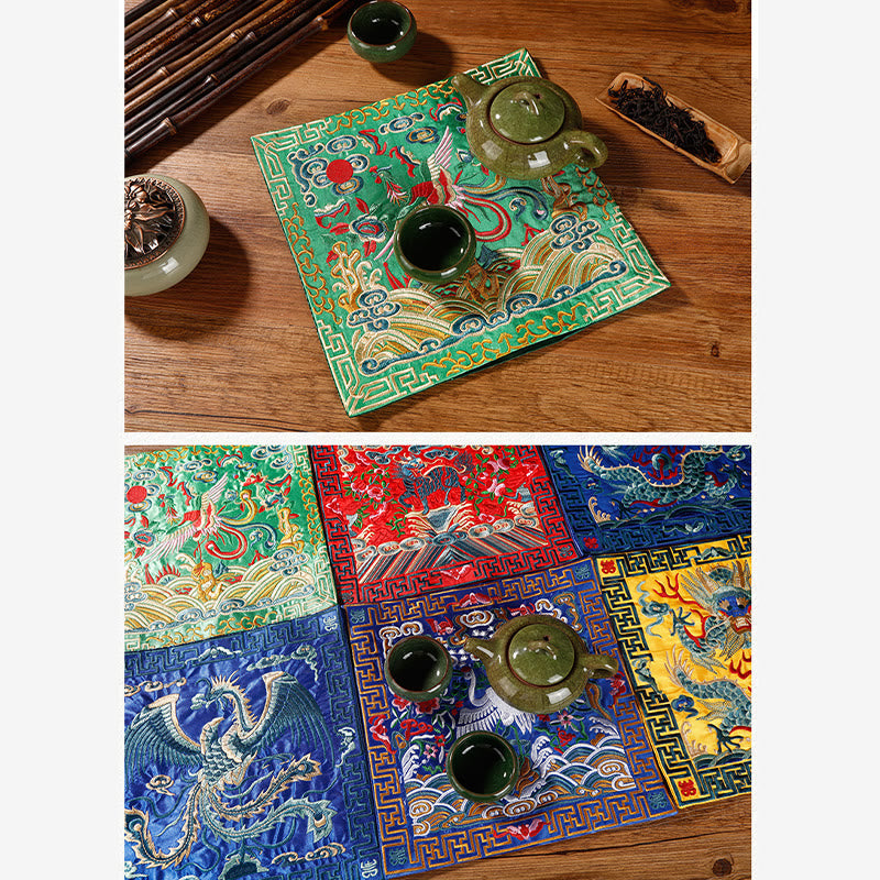 Nimara Ritual Crane Phoenix Dragon Kirin Embroidered Cup Mat Pad Tea Cup Coaster Square Kung Fu Tea Mat