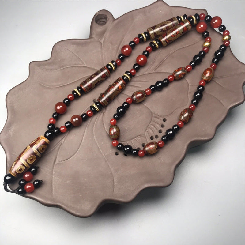 Nimara Ritual Nine-Eye Dzi Bead Red Agate Wealth Health Necklace