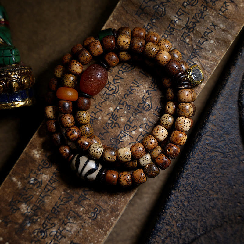 Nimara Ritual Tibetan Bodhi Seed Amber Dzi Bead Agate Zakiram Goddess of Wealth Beads Triple Wrap Bracelet