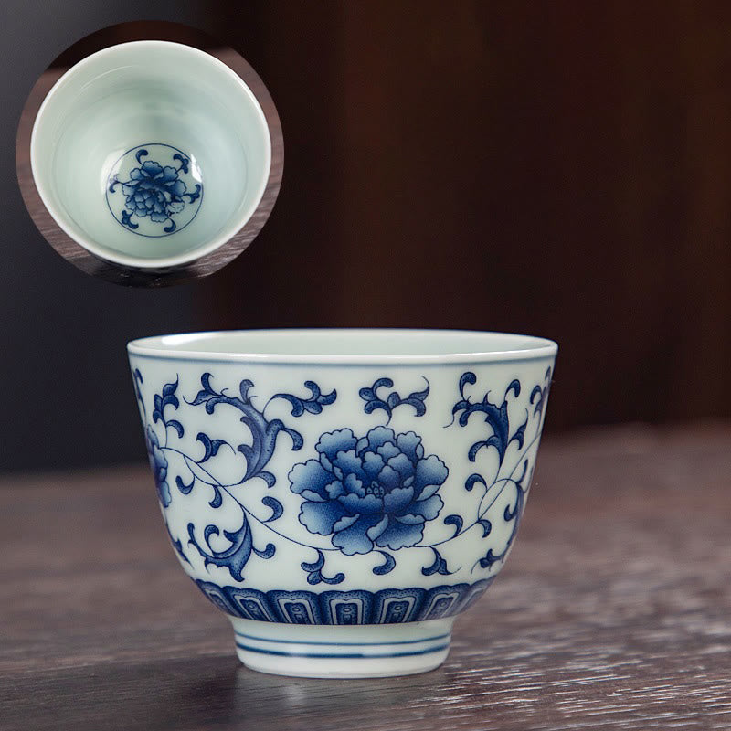 Nimara Ritual Blue Landscape Mountains Lotus Cute Cat Pavilions Magnolia Reed Egrets Ceramic Teacup Small Kung Fu Tea Cup