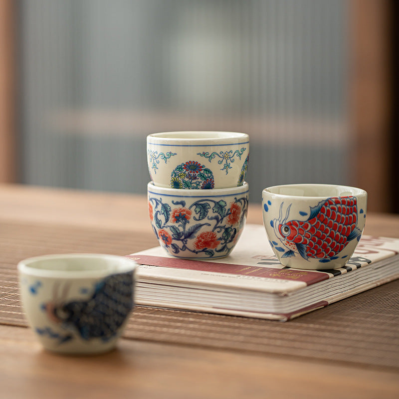 Nimara Ritual Koi Fish Arowana Peony Sunflower Ceramic Teacup Kung Fu Tea Cup 60ml
