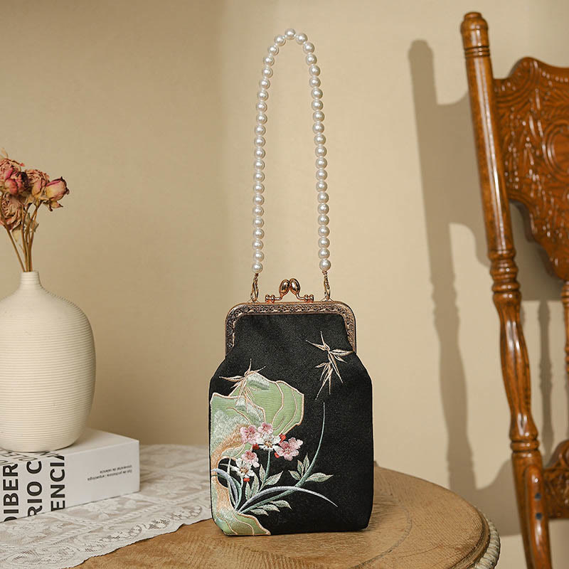 Nimara Ritual Mountain Stone Orchid Pattern Pearl Chain Crossbody Bag Handbag