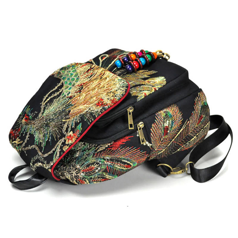 Nimara Ritual Peacock Embroidery Canvas Tassel Backpack