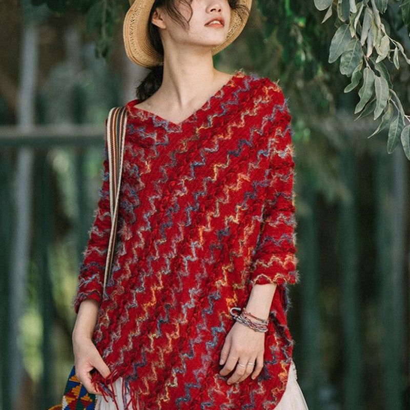 Nimara Ritual Tibetan Colorful Striped Shawl Tassels Pullover Winter Cozy Travel Scarf Wrap