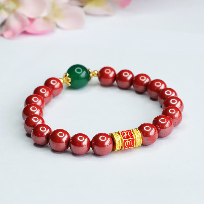 Nimara Ritual Natural Cinnabar Green Agate Om Mani Padme Hum Pattern Blessing Bracelet