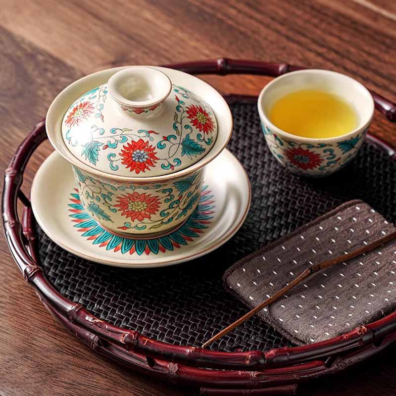 Nimara Ritual A Panorama of Rivers and Mountains Flowers Ceramic Gaiwan Sancai Teacup Kung Fu Tea Cup And Saucer With Lid