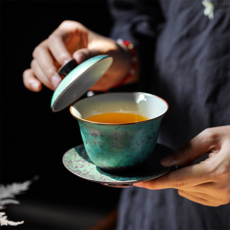 Nimara Ritual Retro Green Glaze Ceramic Gaiwan Sancai Teacup Kung Fu Tea Cup And Saucer With Lid