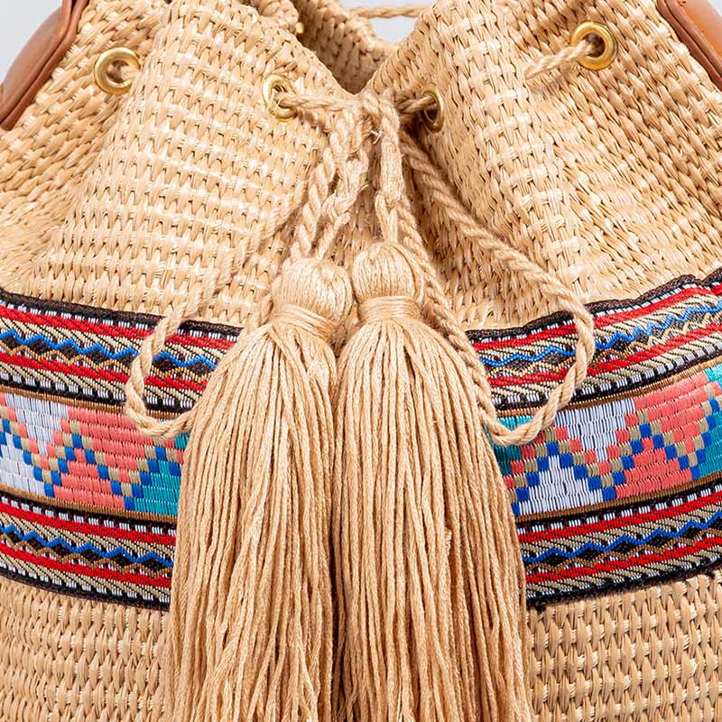 Nimara Ritual Beach Geometry Straw Woven Bucket Tassels Crossbody Bag Shoulder Bag