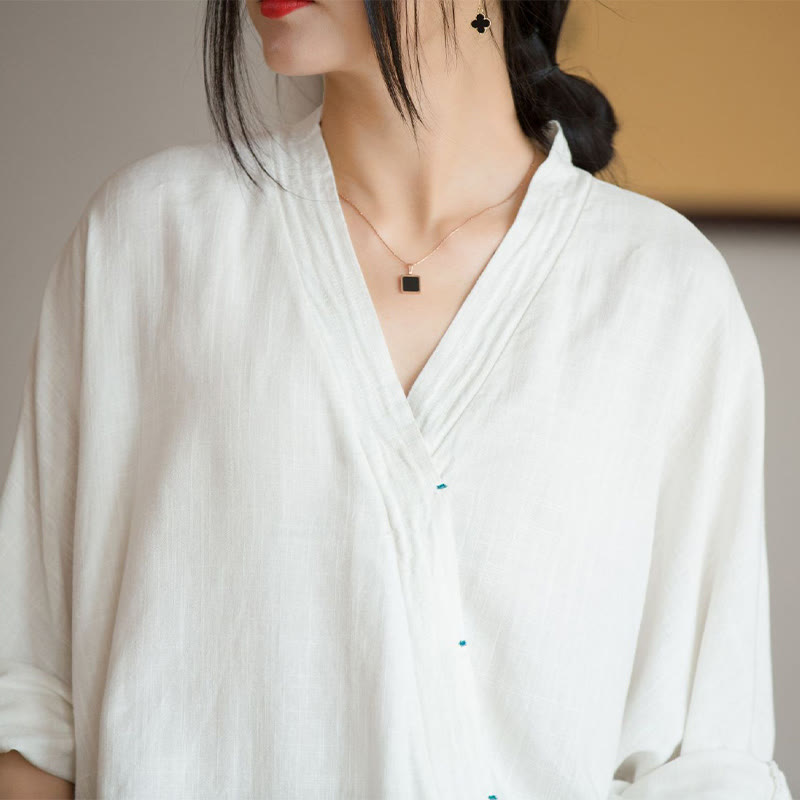 Nimara Ritual V-Neck Blouse Women Shirt Long Sleeve Top Chinese Hanfu Style Clothing
