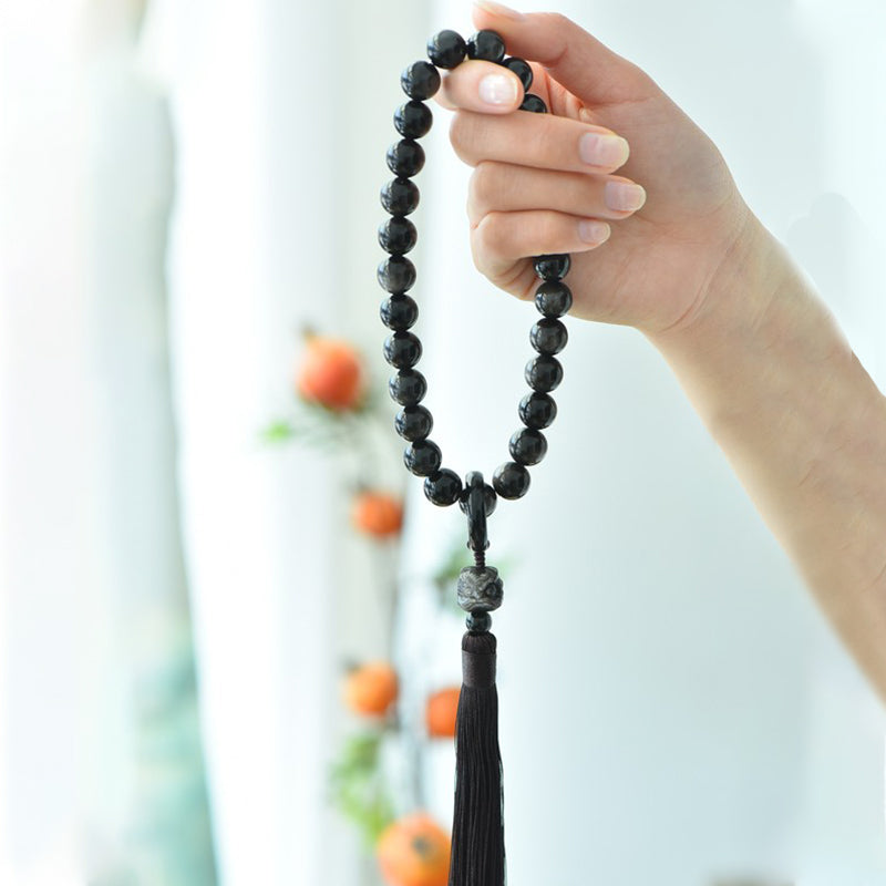 Nimara Ritual Natural Silver Sheen Obsidian Lion Wrist Mala Protection Tassels Pocket Mala Car Decoration