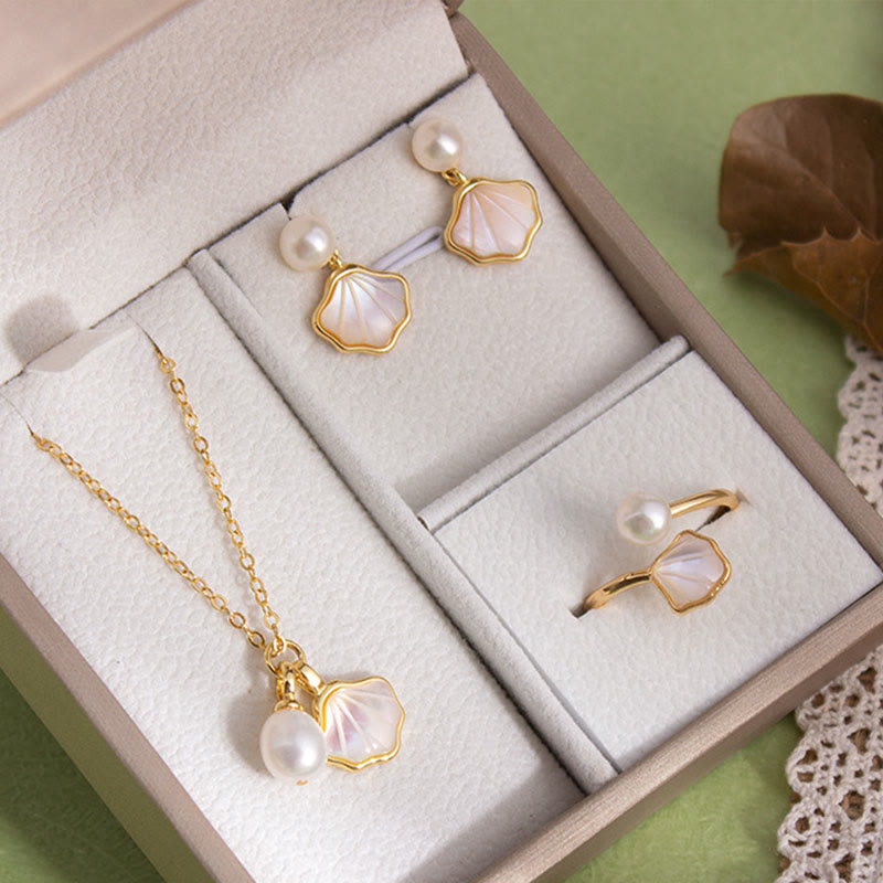 Nimara Ritual Ginkgo Tridacna Stone Pearl Bead Copper Blessing Necklace Pendant Ring Earrings Set