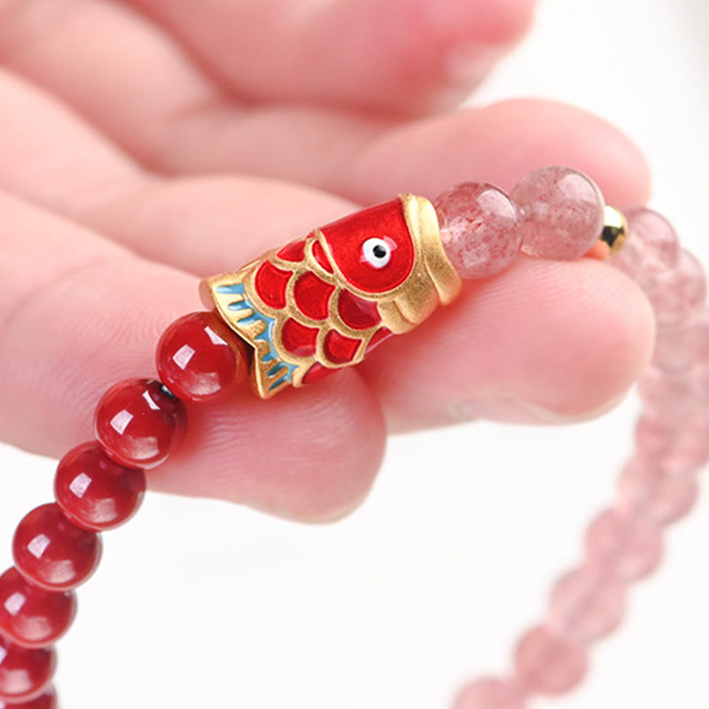 Nimara Ritual Natural Strawberry Quartz Cinnabar Lucky Koi Fish Healing Bracelet