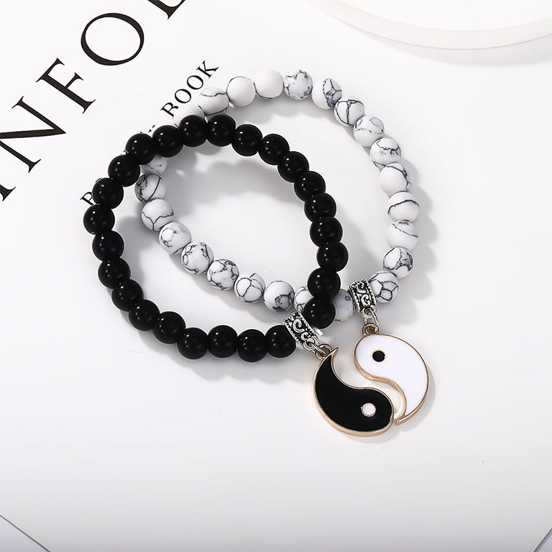 Nimara Ritual 2Pcs Black Onyx White Turquoise Bead Yin Yang Protection Couple Bracelet