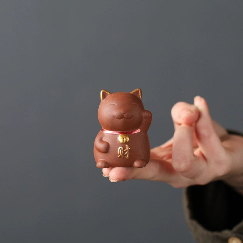 Nimara Ritual Mini Lucky Cat Wealth Tea Pet Purple Clay Figurine Decoration