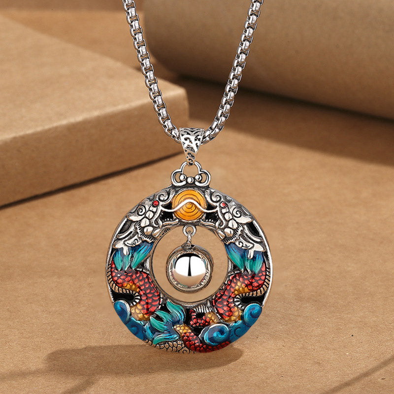 Nimara Ritual Year of the Dragon Colorful Double Dragons Playing Bead Copper Protection Necklace Pendant