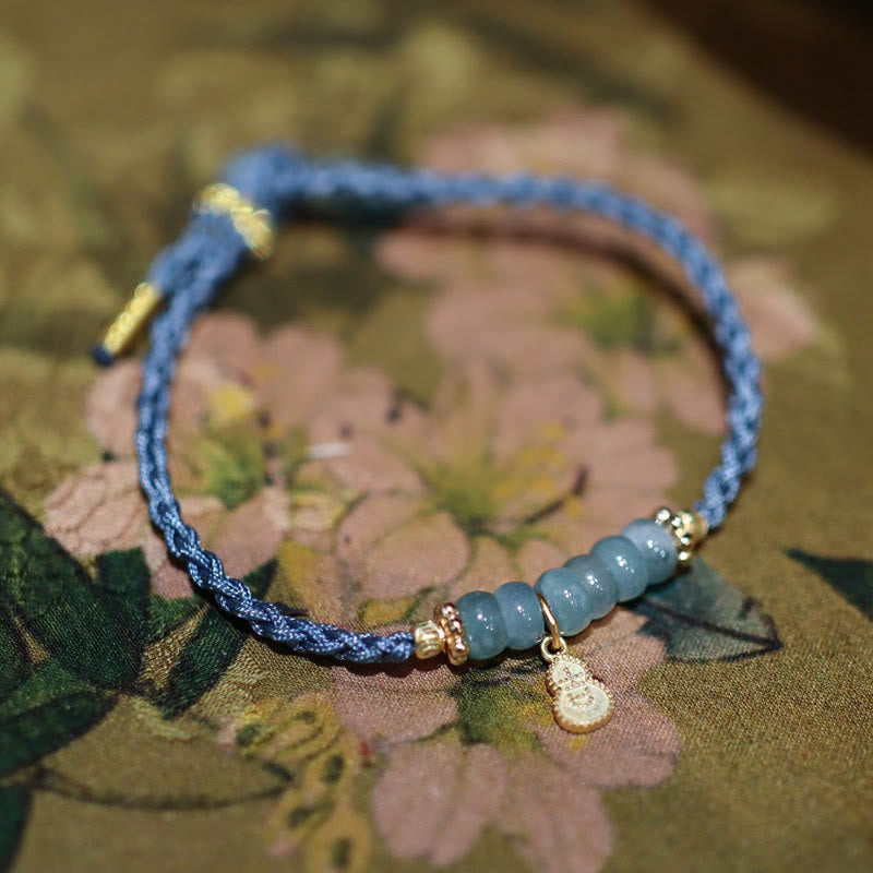 Nimara Ritual 925 Sterling Silver Natural Jade Gourd Rutilated Quartz Fu Character Luck Braid Bracelet