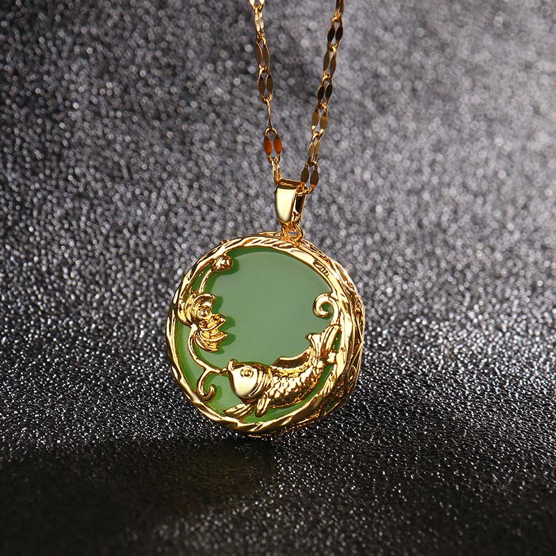 Nimara Ritual Natural Jade Koi Fish Lotus Luck Necklace Pendant