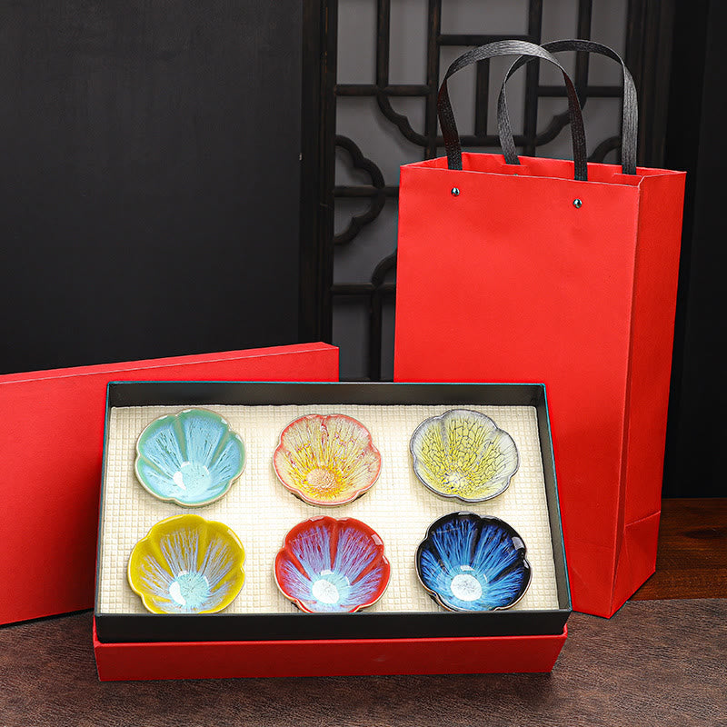 Nimara Ritual 6Pcs Plum Blossom Petal Pattern Chinese Jianzhan Kiln Change Ceramic Teacup Kung Fu Tea Cup Bowl With Gift Box