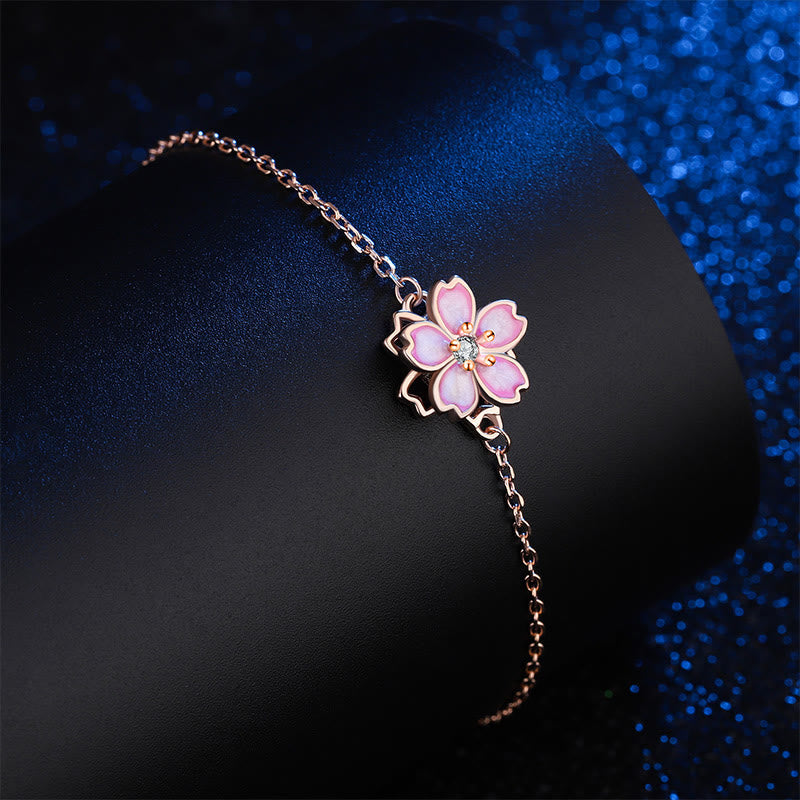 Nimara Ritual 925 Sterling Silver Cherry Blossom Blessing Chain Bracelet Rotatable Ring
