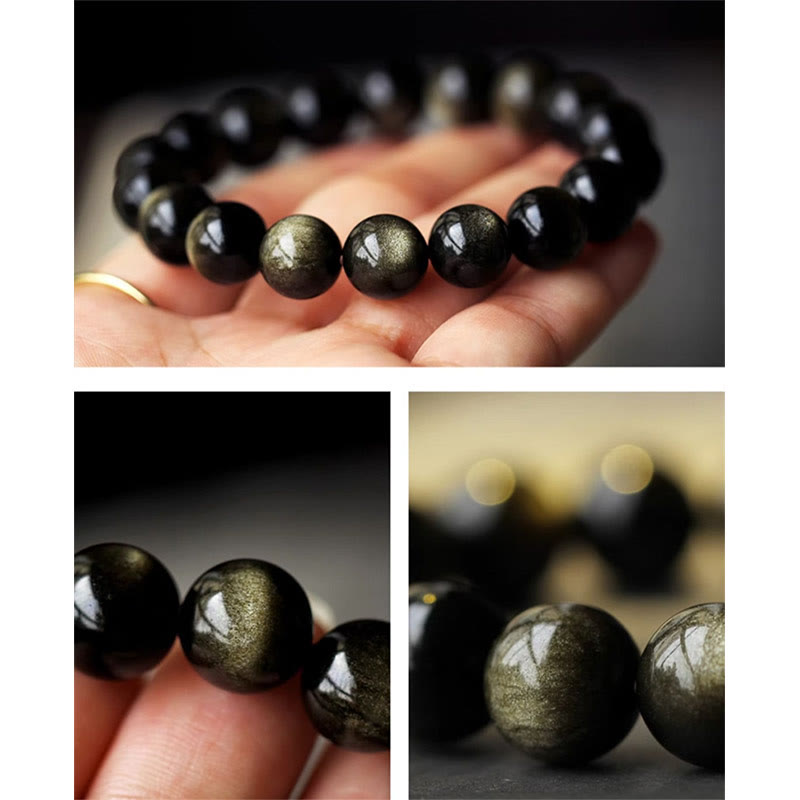 Nimara Ritual 925 Sterling Silver Chinese Zodiac Natal Buddha Natural Gold Sheen Obsidian Amber Wealth Protection Bracelet