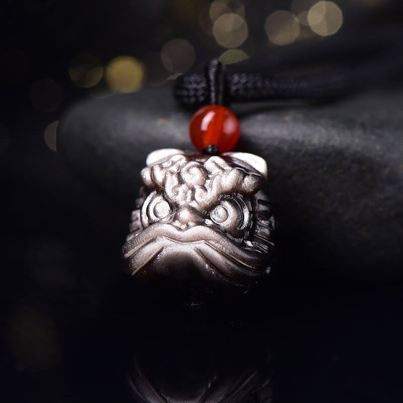Nimara Ritual Natural Silver Sheen Obsidian Dancing Lion Protection Necklace Pendant