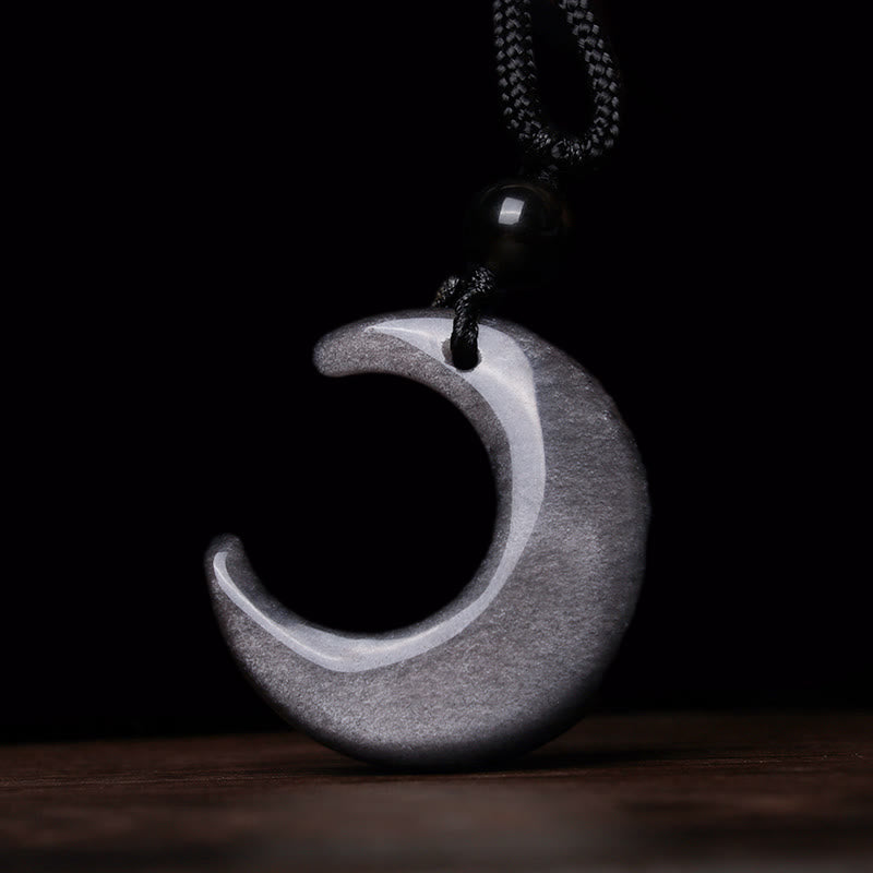 Nimara Ritual Natural Silver Sheen Obsidian Selenite Crystal Crescent Moon Yin Yang Couple Protection Necklace Pendant