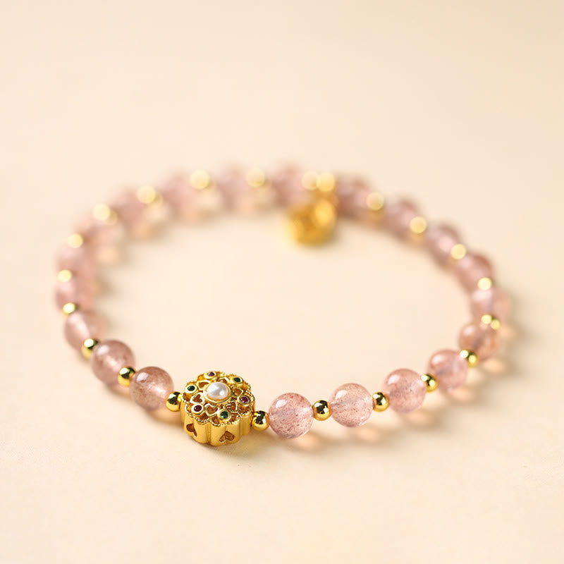 Nimara Ritual 14K Gold Plated Natural Strawberry Quartz Labradorite Sun Stone Fu Character Positive Charm Bracelet