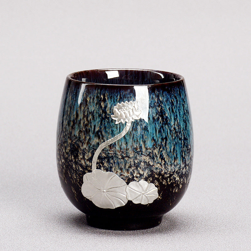 Nimara Ritual Silver Lotus Flower Leaf Chinese Jianzhan Ceramic Teacup Kung Fu Tea Cup 150ml