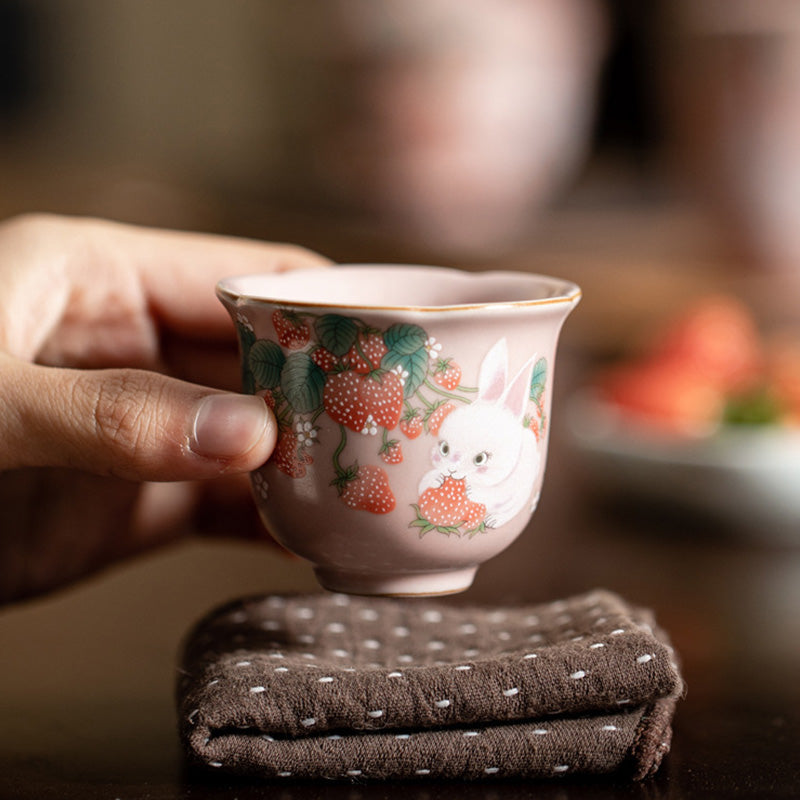 Nimara Ritual Cute Strawberry Rabbit Flower Ceramic Teacup Kung Fu Tea Cup 55ml