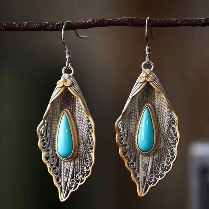 Nimara Ritual 925 Sterling Silver Turquoise Bodhi Leaf Pattern Protection Drop Dangle Earrings