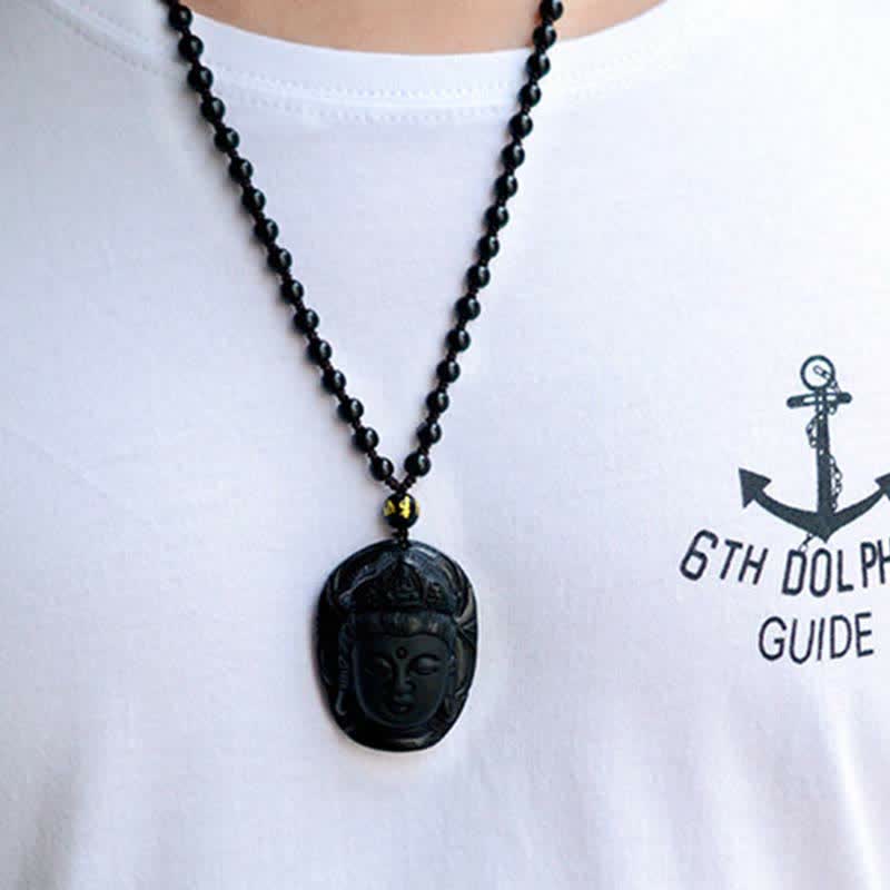 Nimara Ritual Natural Black Obsidian Kwan Yin Avalokitesvara Strength String Necklace Pendant