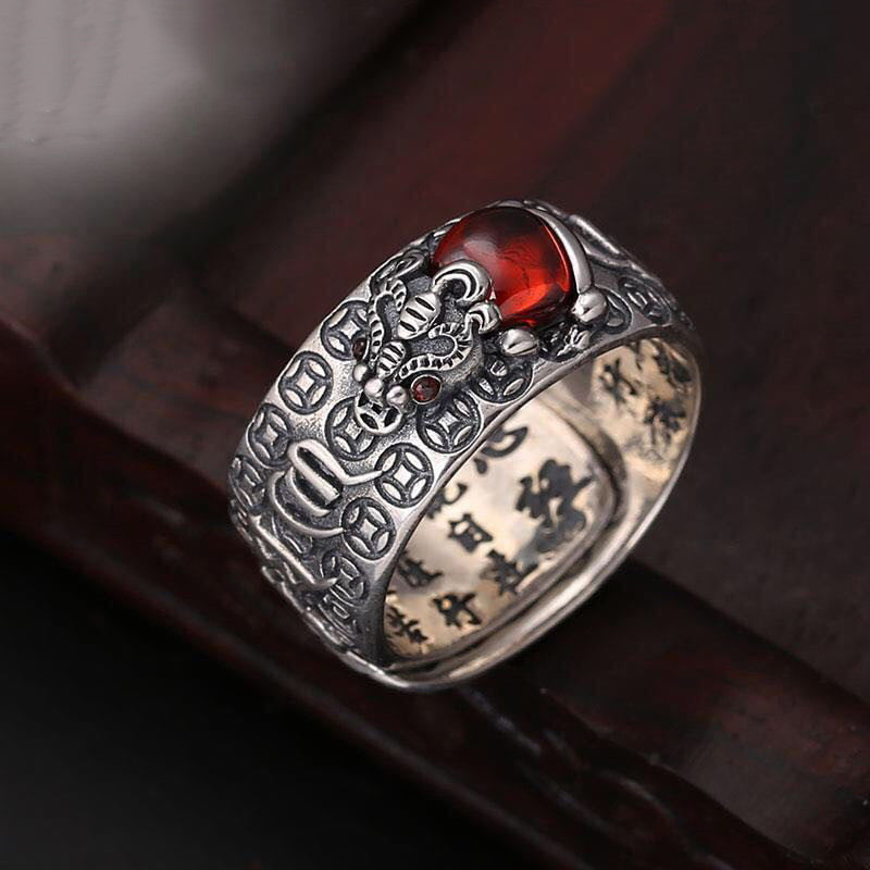 Nimara Ritual Genstone PiXiu Feng Shui Frog Vajra Dorje Heart Sutra Wealth Adjustable Ring