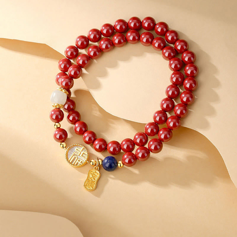 Nimara Ritual 925 Sterling Silver Cinnabar Tridacna Stone Fu Character Double Wrap Blessing Bracelet