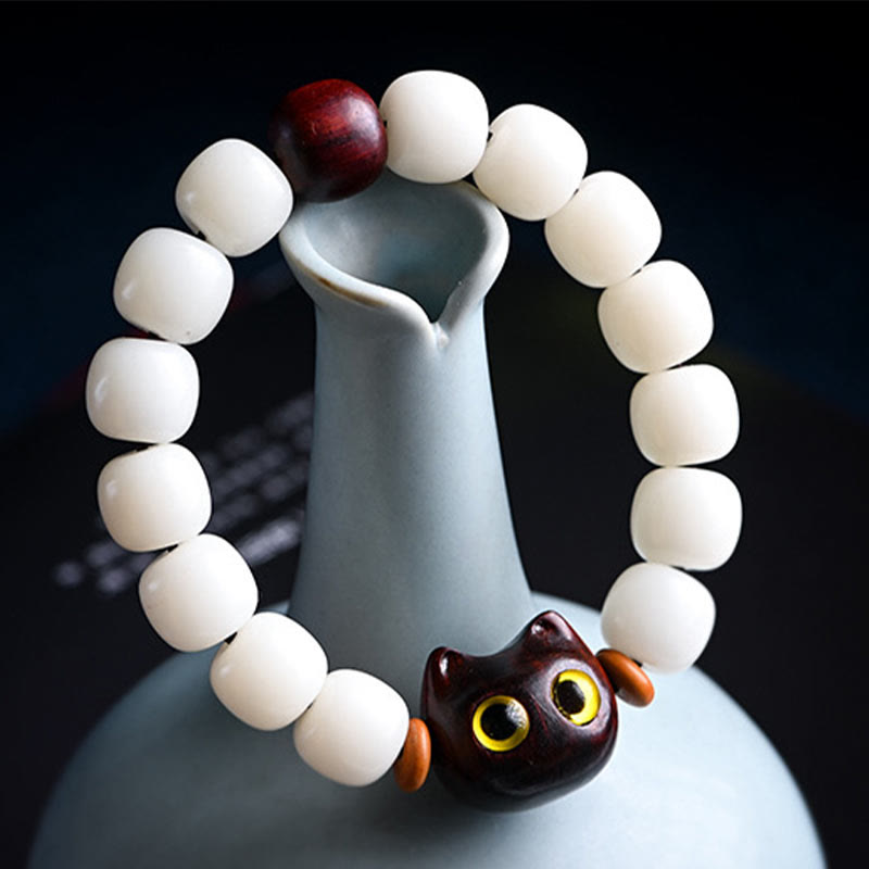 Nimara Ritual Natural Bodhi Seed Small Leaf Red Sandalwood Ebony Wood Cute Lucky Cat Wisdom Bracelet