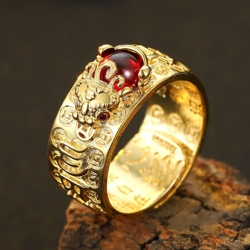 Nimara Ritual FengShui PiXiu Red Garnet Heart Sutra Wealth Ring