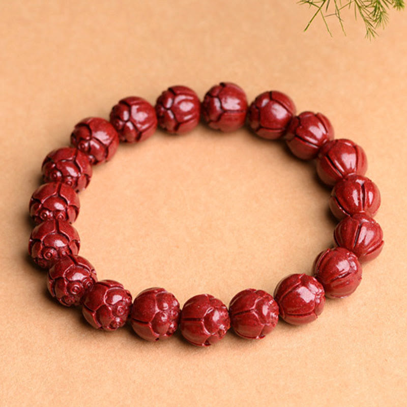 Nimara Ritual Natural Cinnabar Om Mani Padme Hum Fret Pattern Lotus Blessing Bracelet