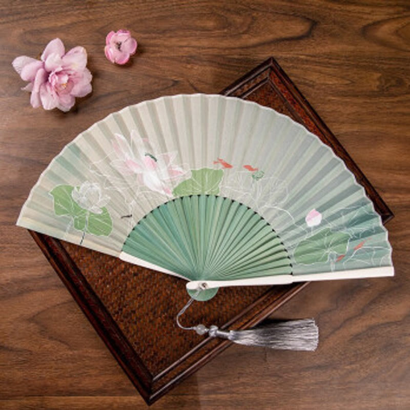 Nimara Ritual Jasmine Lotus Begonia Flowers Handheld Bamboo Folding Fan