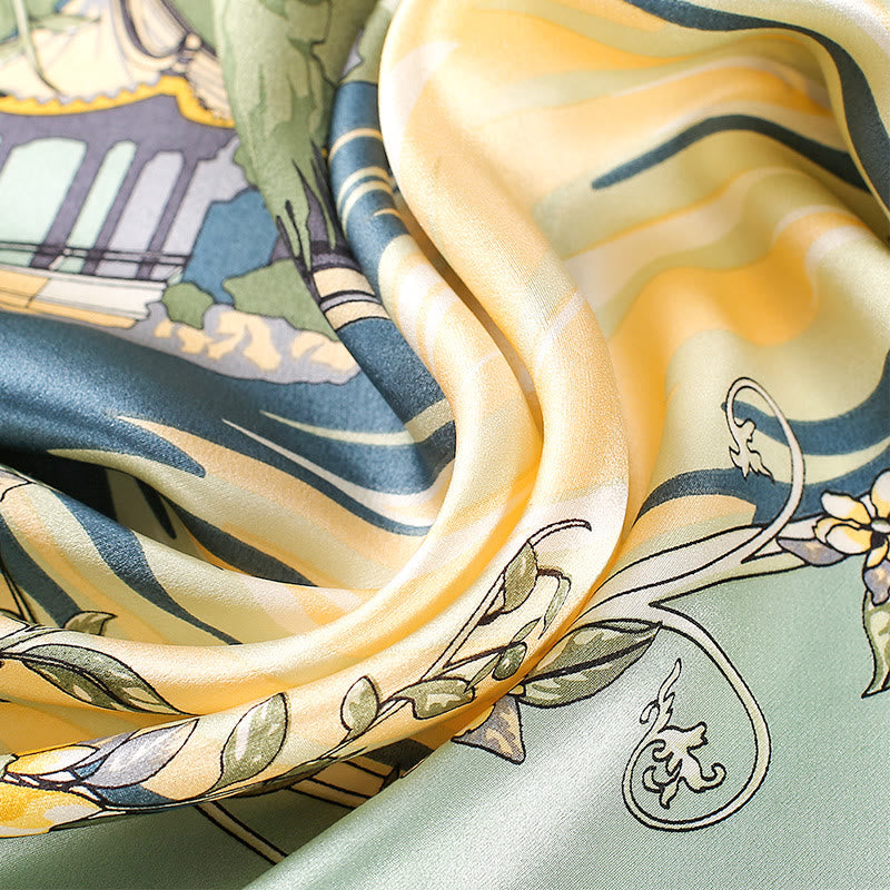 Nimara Ritual Pastoral Scene Hot Air Balloon Spring Blossom 100% Mulberry Silk Neck Hair Scarf