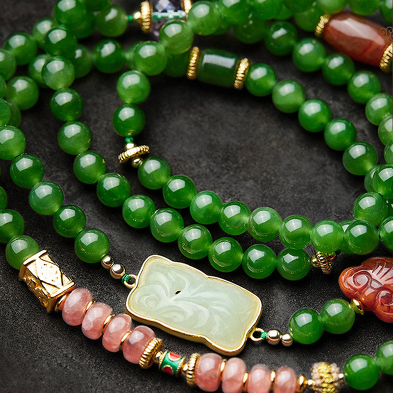 Nimara Ritual 108 Mala Beads Cyan Jade Red Agate Laughing Buddha Luck Bracelet